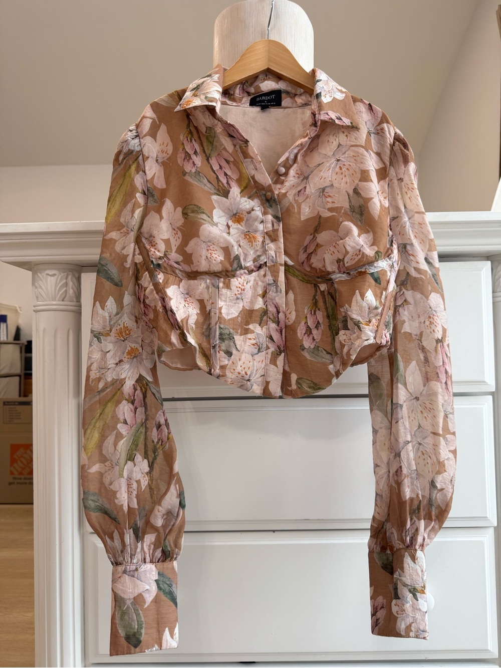 Bardot Sheer Floral Puff-Sleeve Blouse in Pink and Brown - Picture 15 of 15